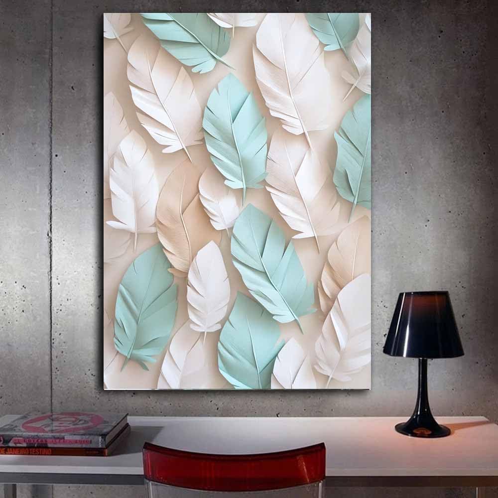 QUSAAOU Muralo Leinwandbild Beige Türkis Feder Muster Wand Deko Abstraktion-Motiv Bild FüR Wohnzimmer Schlafzimmer BüRo Restaurant Wandbild Wanddeko Modern Vintage(Beige)-40x60cm Gerahmt