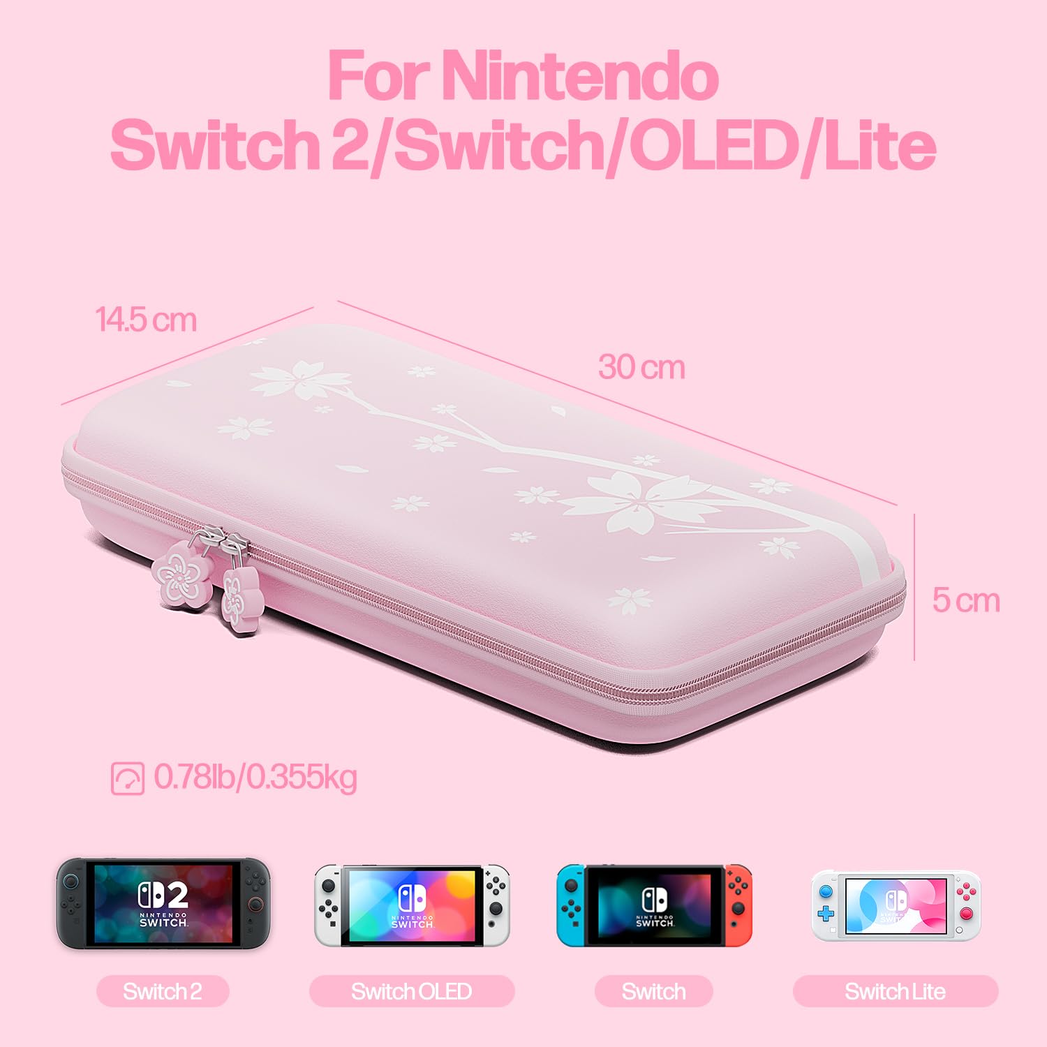 Mytrix Cute Carrying Case for Nintendo Switch/Switch 2/OLED/Lite, Portable Hard Shell Pouch for Switch Console Accessories Protective Travel Storage Bag for Switch with10 Game Card Slots, Pink Sakura - Image 2