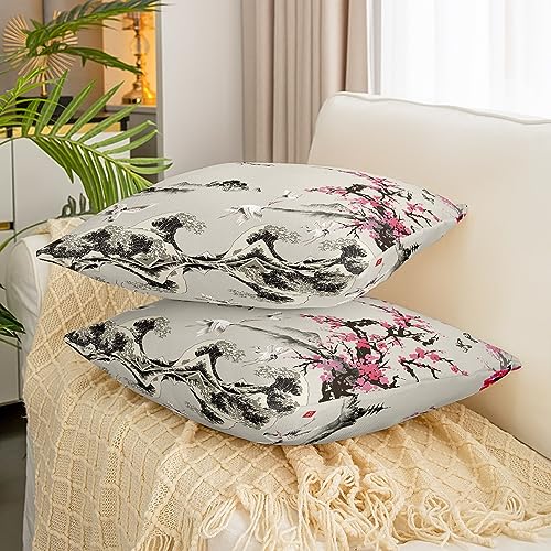 Homemissing Cranes Pillow Cases Cushion Covers Japanese Ukiyoe Decor Vintage Bed Set for Kids Ocean Wave Sun Cherry Blossoms Japanese Exotic Style Set of 1 Soft 16x16 Inch - Image 3