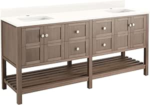 Signature Hardware 952441-RUMB-1 Olsen 72" Double Vanity Set with Cabinet, Granite, Marble or Quartz Vanity Top, and Rectangular Undermount Sinks - 1.5" Faucet Holes - Ash Brown/Arctic White
