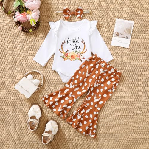 Baby Girl 1st Birthday Flare Pant Outfit - One Year Old Wild One Deer Bodysuit2