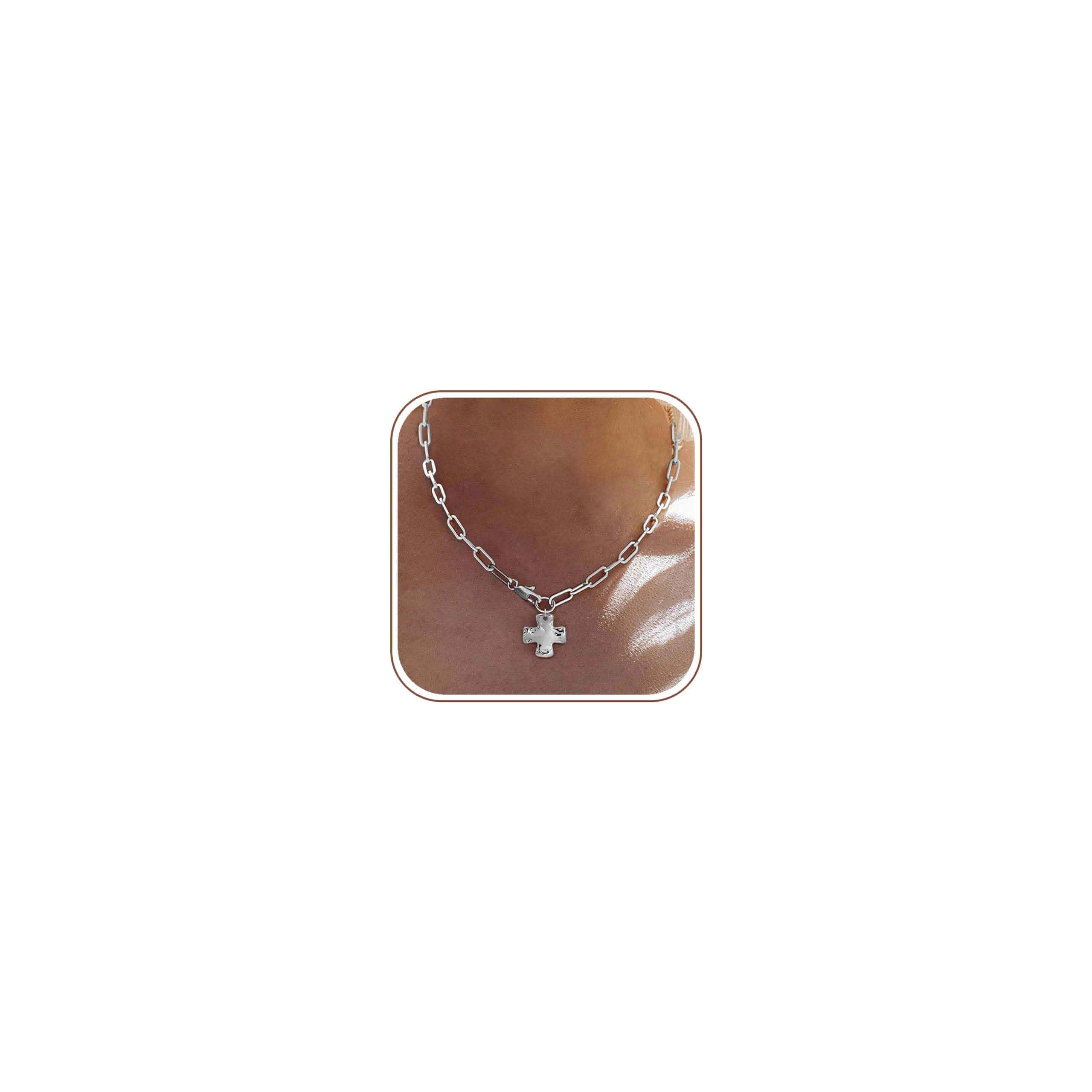 Bheop Chunky Cross Necklace for Women, 14K Gold Silver Statement Necklace Sturdy Paperclip Chain, Hammered Pendant, Vintage Charm, Trendy Costume Jewelry, Faith Christian Religious Gift, Non Tarnish