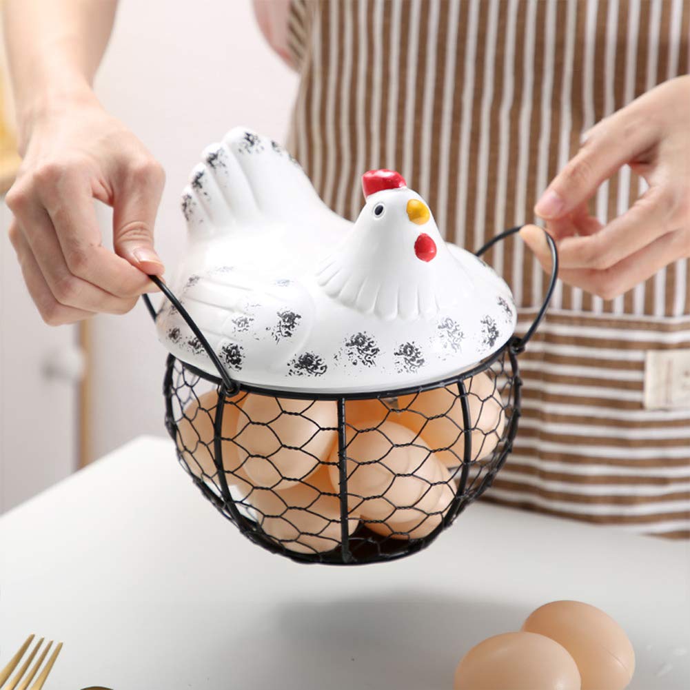 Cesta de huevos en forma de pollo con acabado cromado de alambre para almacenamiento de huevos, soporte de cesta de organización estilo granja para huevos con capacidad para hasta 15 huevos