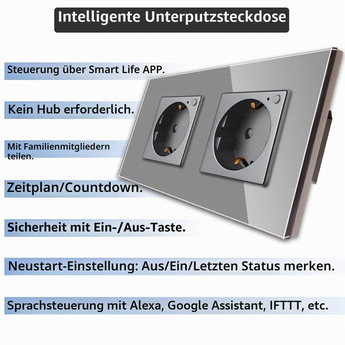 CNBINGO WLAN Schuko Steckdose Unterputz, 16 Amp Glas Smart Steckdose Arbeit mit Alexa(Echo, Echo Dot), Google Assistant, APP Steuerung, Nur 2.4 GHz WiFi, 2 Fach, Grau, 2er Pack