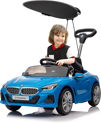 Auto de empuje para niños pequeños, auto de empuje BMW Z4 con dosel, varilla de empuje ajustable, música de bocinarueda silenciosa, auto de empuje