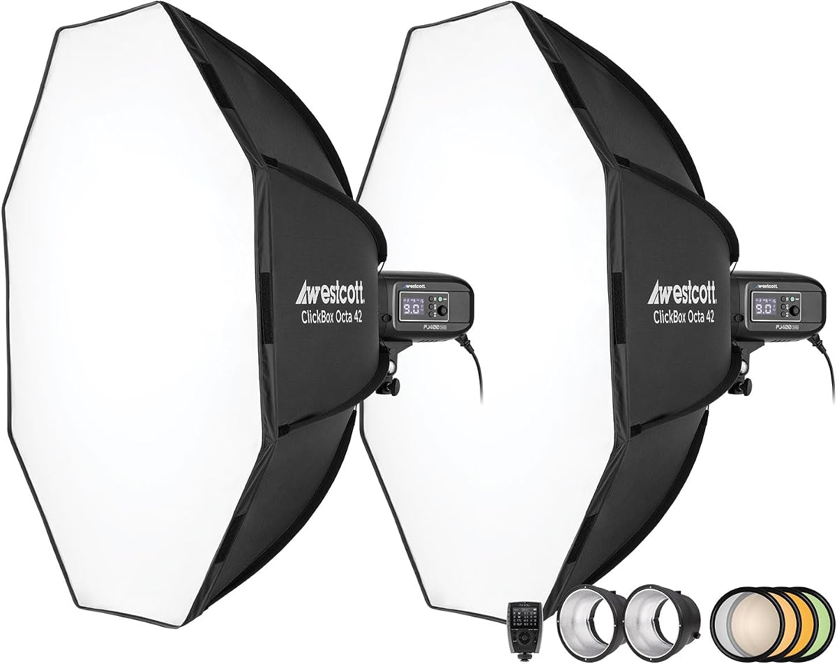 FJ400-SE 400Ws AC Studio Strobe 2 Light Kit with Universal Trigger and 2 Octa Softboxes - Fast Recycle, 5500K Color, LED Modeling Light | 2 Octa Softboxes - Fast Recycle, 5500K Color, LED Modeling, Universal Trigger