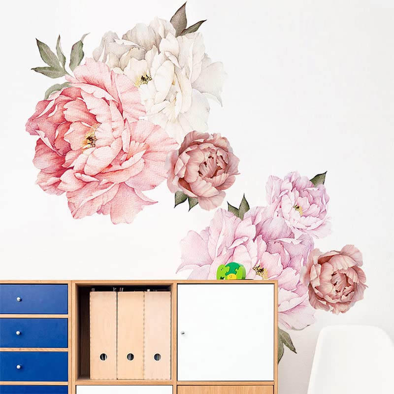 OUFEI Wall Decals Floral Wallpaper Peel and Stick Pink Peony Flowers Wall Stickers for Living Room Girls Bedroom Baby Kids Nursery Wall Decoration