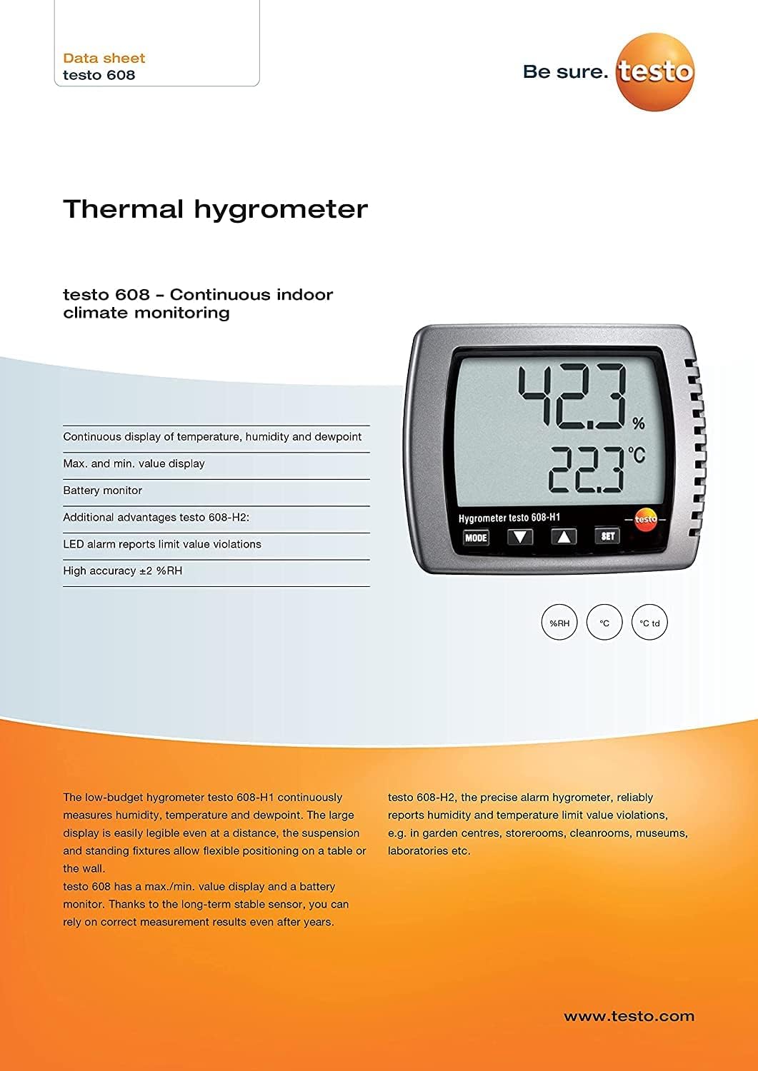 Digital Thermo Hygrometer for Greenhouses, Industrial Spaces, Incubators, Office Spaces Along With Factory Calibration Certificate Model: Testo 608H1 2