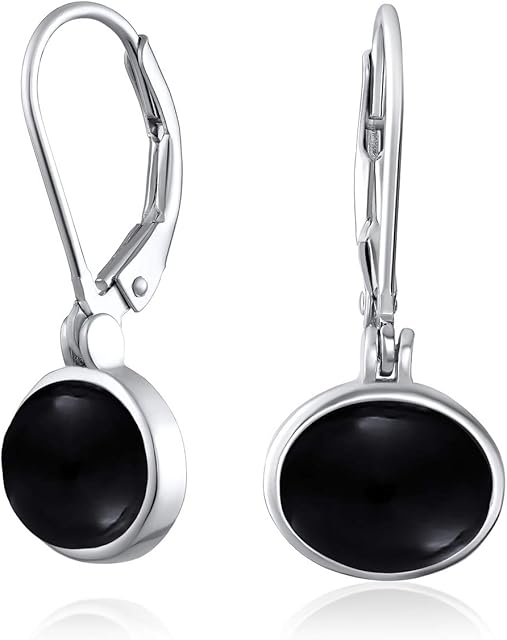 Simple Plain Day Wear Semi Precious Gemstones Amber Jade Moonstone Onyx Oval Bezel Set Lever back Drop Earrings For Women Teen .925 Sterling Silver 7MM