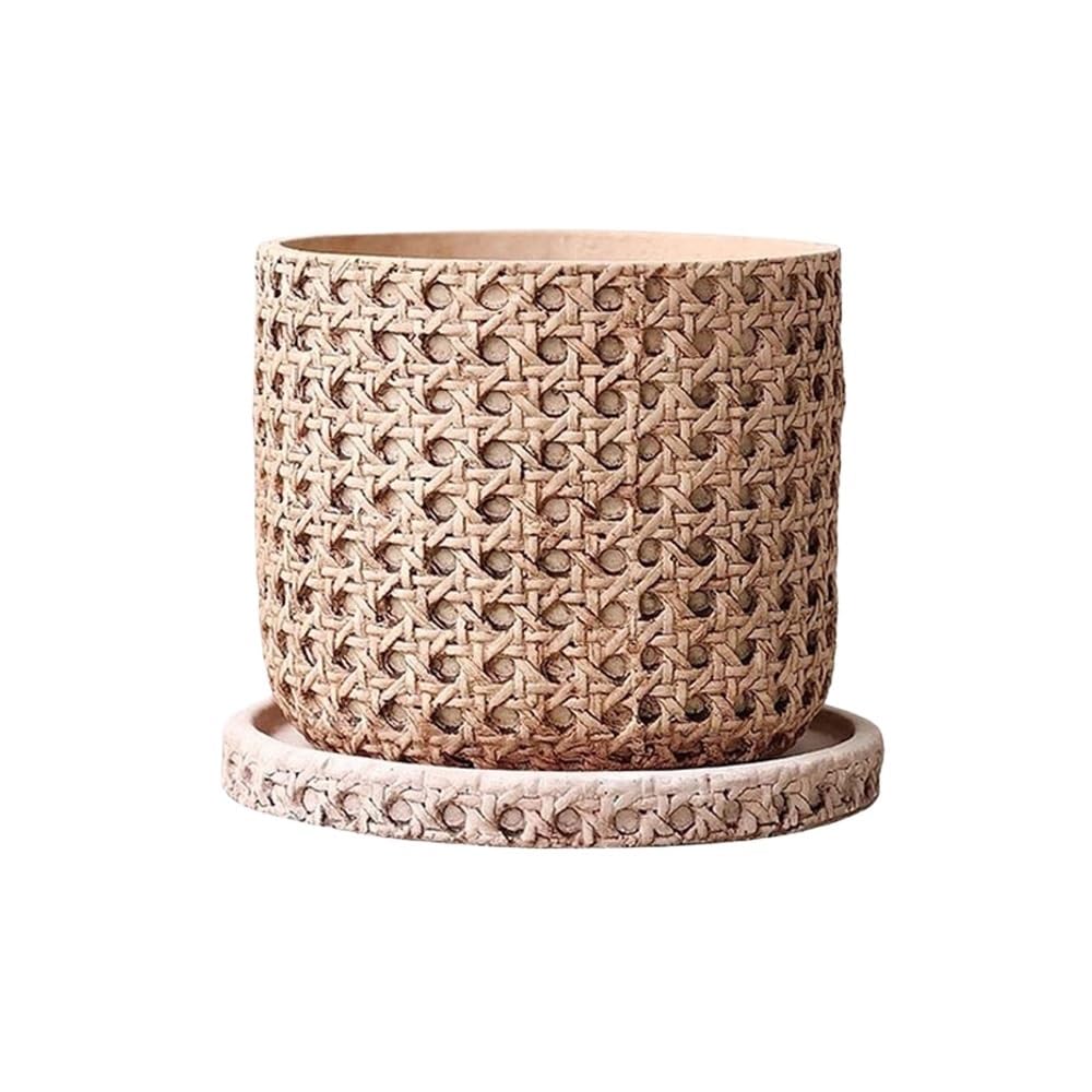 LIBANGRONG-888 Plant Pots Cylindrical Relief Rattan Texture Plant Pot, with Drainage Hole Cement Planter, for Room Balcony Garden Office Flower Planter Pot(Small)
