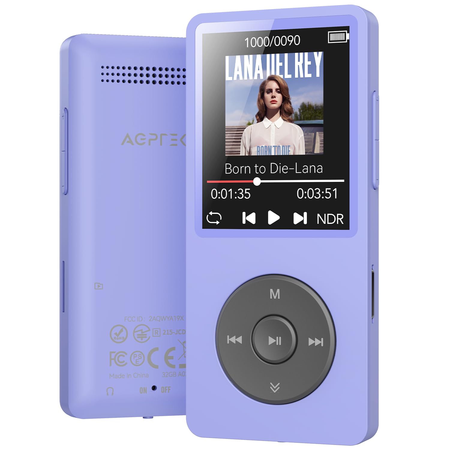 AGPTEK A02 MP3 Player in purple color.