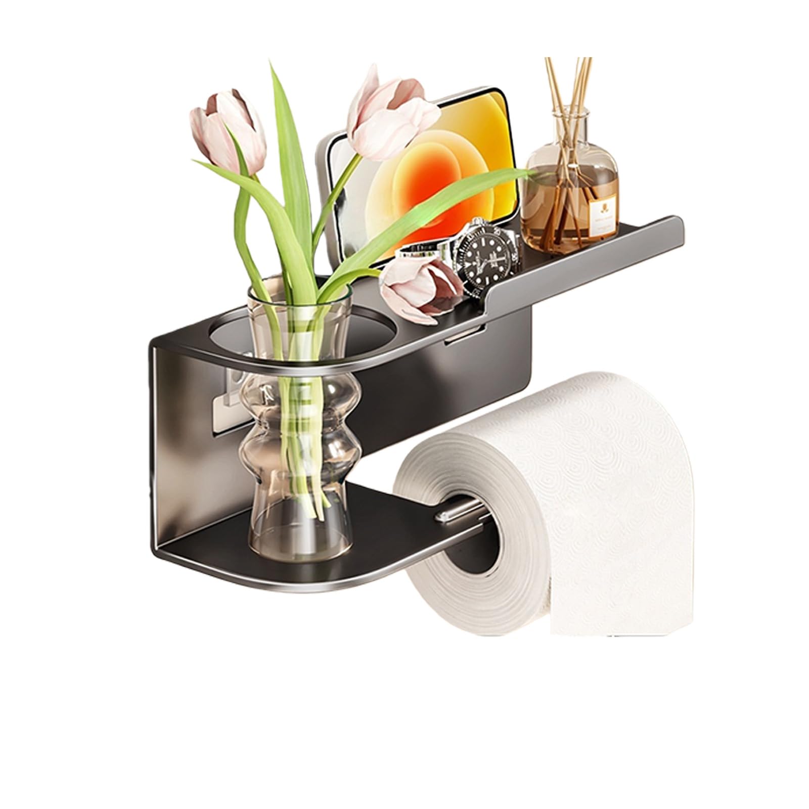 Foloda Gray Space Efficient Wall Mounted Bathroom Shelf For And Accessories Adhesive Installation Without Damage Required Drillless Mount