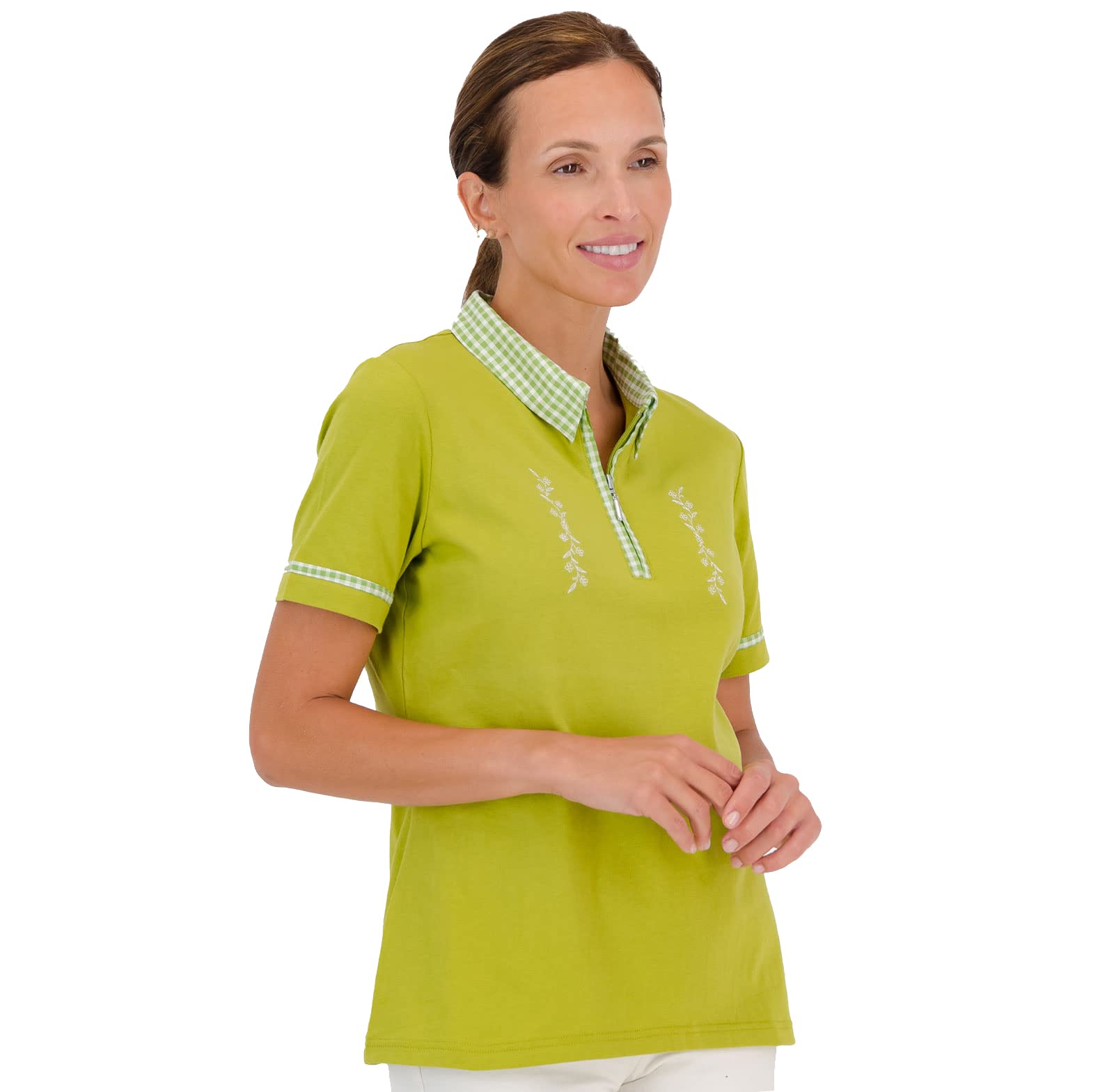 Jenny-Lee Short Sleeve Polo Shirt for Women, Zip Neck, Check and Embroidery Detailing, Classic Cut, Pure Cotton