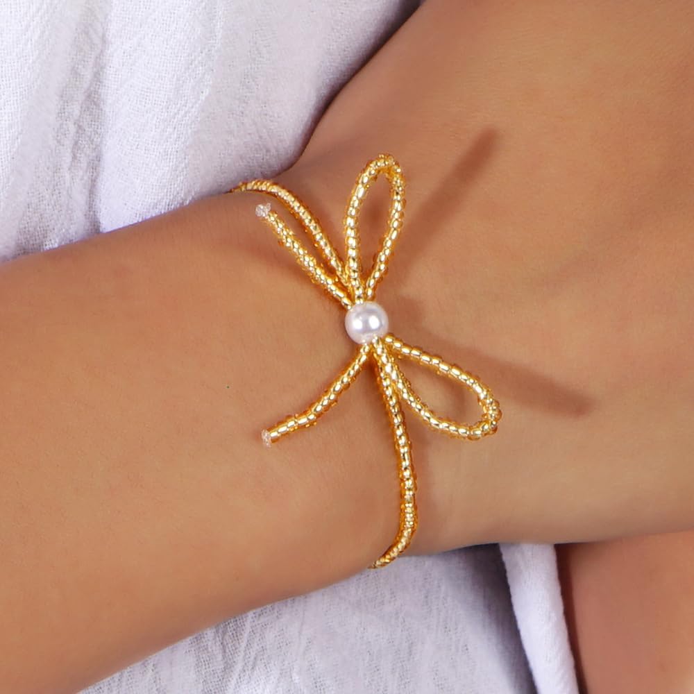 Gold Bow Beaded Bracelet for Women Handmade Boho 14K Gold Plated Beads Ball Charm Bracelet Stack Stretch Adjustable Stackable Dainty Fashion Bowknot Jewelry Beach Cute Prom Vacation Gift - Image 2
