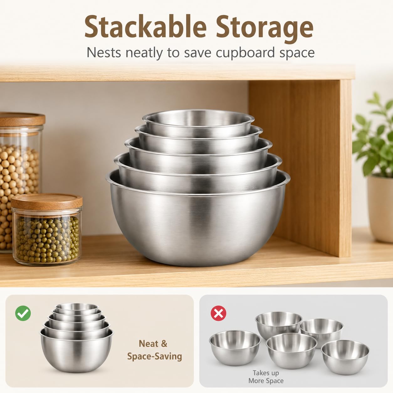 DDUP Set di 5 ciotole in acciaio inox con base piatta, da 28 cm a 17 cm, antiruggine e lavabili in lavastoviglie, ciotole da cucina per insalata, cucina, cottura