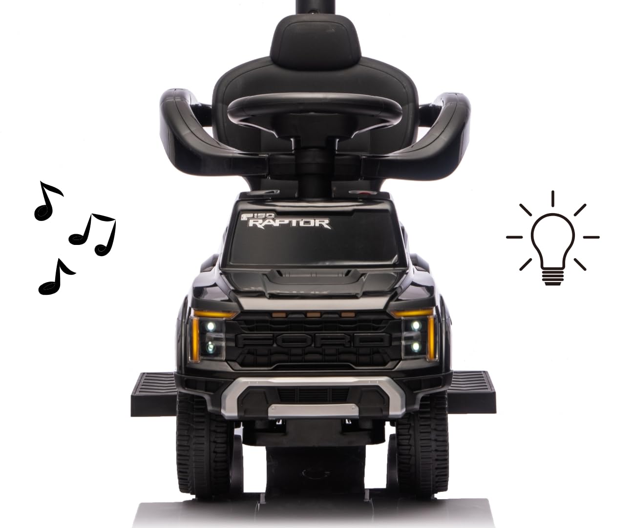Milly Mally Ford F-150 Raptor 3-in-1 Rutschauto mit Schiebestange | Kinderfahrzeug für 12-36 Monate bis 25kg | Rutscher, Schiebewagen, Sound-Lenkrad, Fußstützen, Kippschutz | Lizenziert (Black)