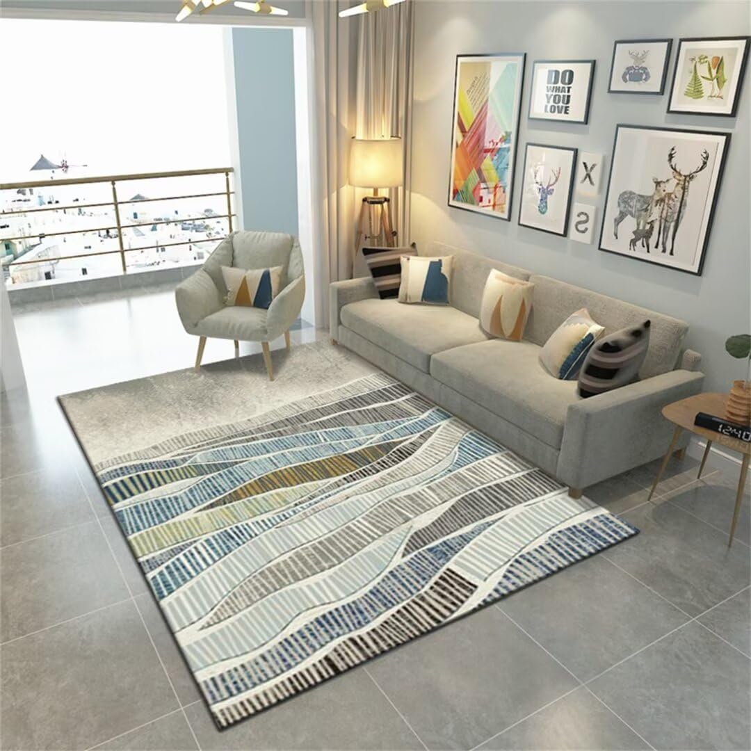 Tapis doux à poils courts bleu avec rayures modernes format 80x160 cm