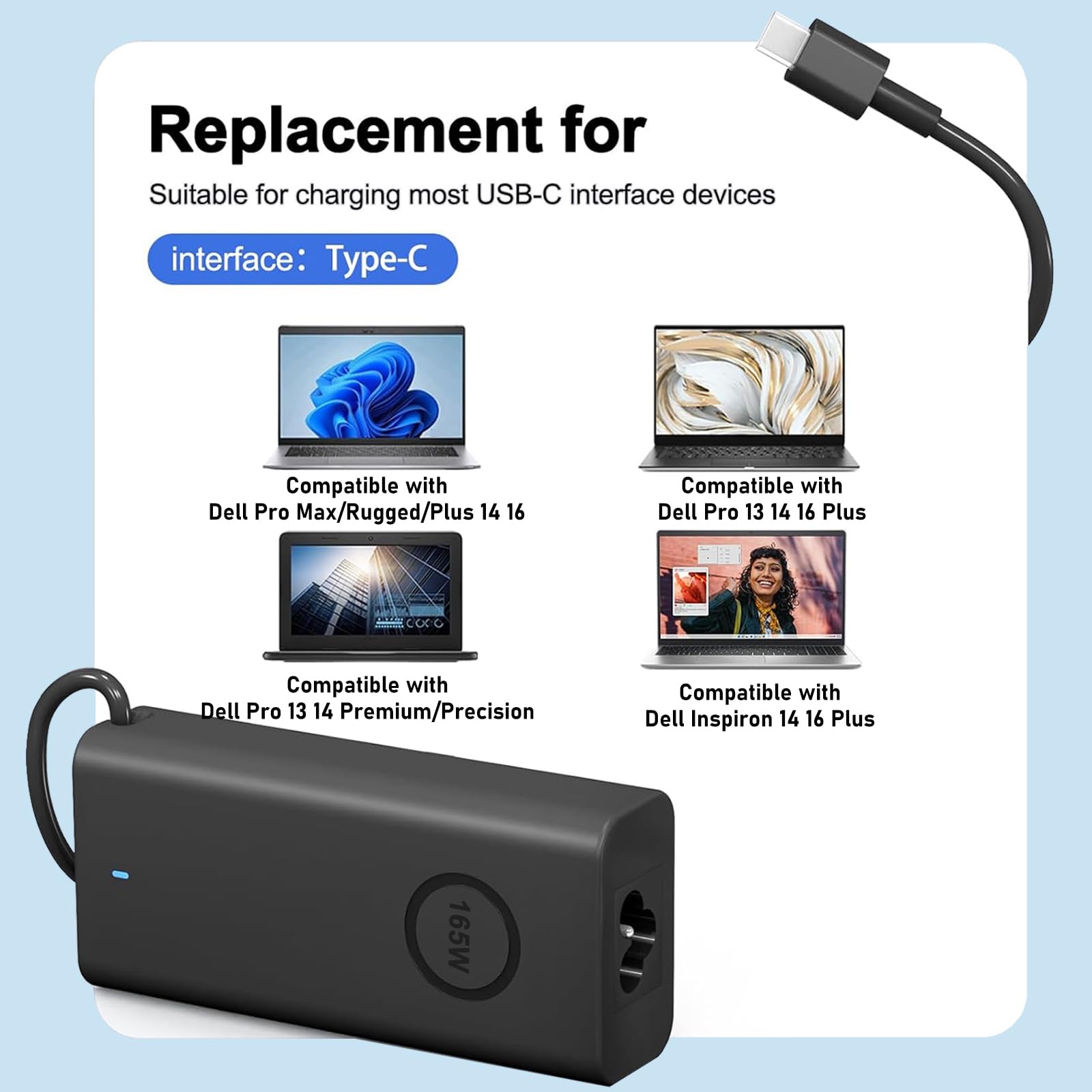 Caricatore USB C 165W per Dell Precision 5690 5680 5490 3580 3480 | Per Pro Max 14 16 18 Plus, Inspiron-14 16 Plus 7640 7430 Pro Rugged, DA165PM210 HA165PM210 LA165 PM210 0M9TG5