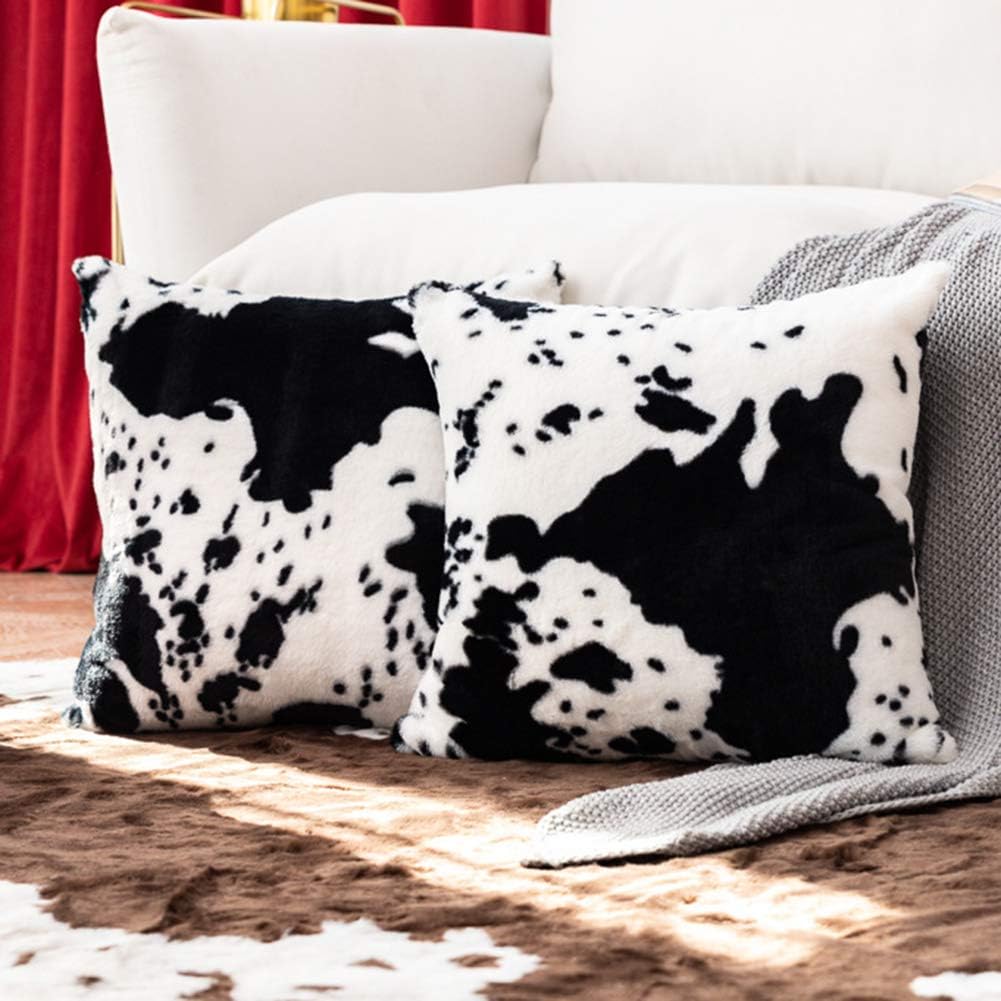 vctops Set of 2 Cow Print Faux Fur Decorative Throw Pillow Covers Super Soft Plush Cushion Cover Pillowcase for Couch Sofa Bed (Black White, 18"x18")