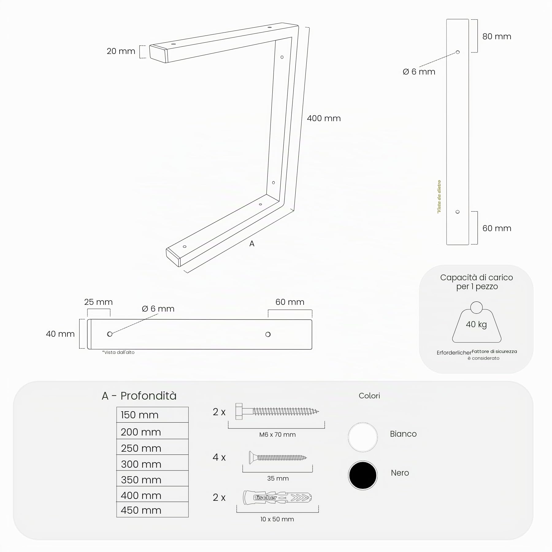 HEVVA Supporto doppio per lavabo 20/25/30/35/40/45 cm | LAHN | Supporto per lavabo da appoggio, supporto per carichi pesanti, console da parete, sottostruttura piano lavabo | (Set da 2 - Nero, 40 cm)