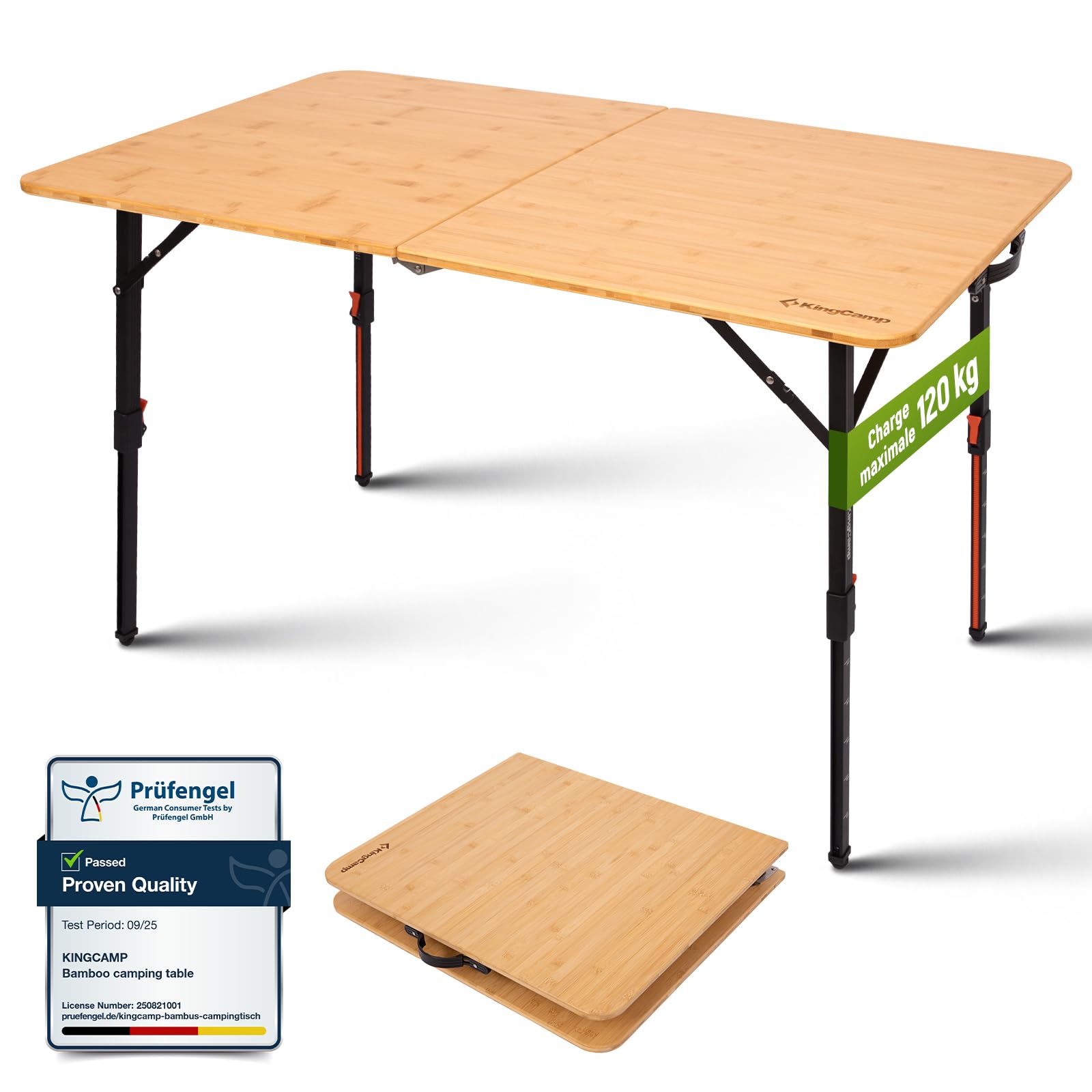KingCamp Table de camping en bambou avec hauteur réglable (42-70 cm) – Table pliante en bambou, capacité de charge 120 kg, pliable pour camping, jardin, balcon et pique-nique, 120 x 70 cm