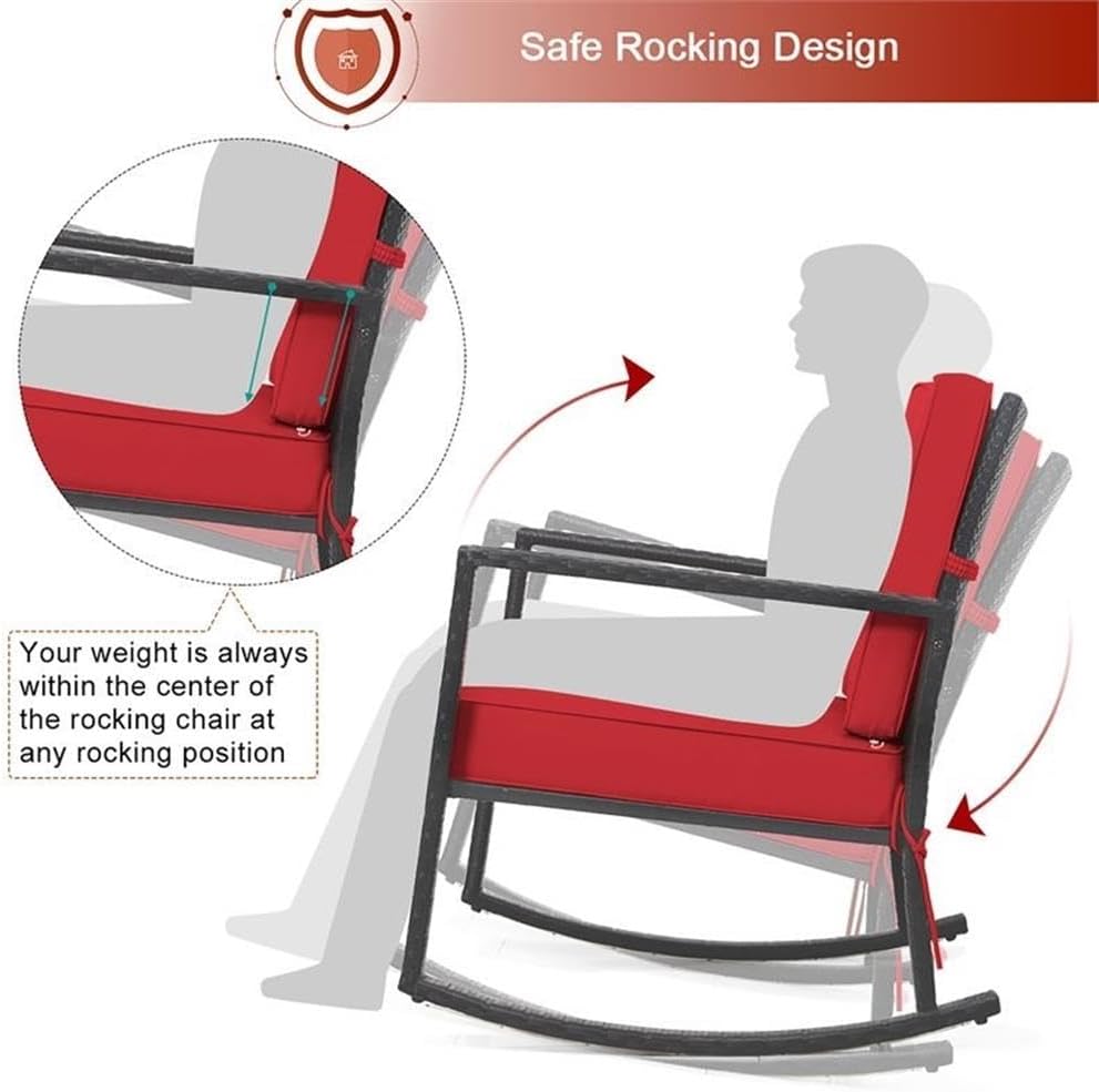 Pemberly Row Rattan Outdoor Rocker Chair Glider, PE Wicker & Powder-Coated Iron Frame, Red Cushions, Ergonomic Design, 26.5"L x 36"W x 33"H, Patio/Garden/Indoor Rocking Chair, Non-Slip Pads, 360 lb