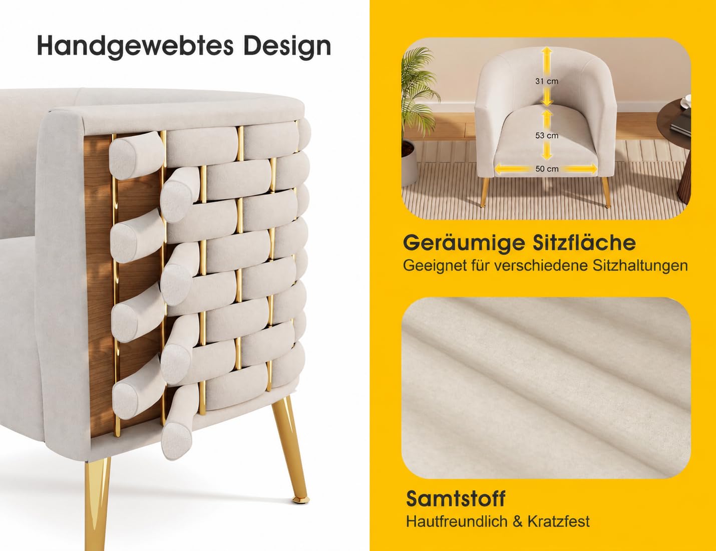 Moderner Samt-Akzentstuhl, bequemer breiter handgewebter Schalensessel mit Armlehnen, flauschig gesteppt gepolsterter Einzelsessel für Wohnzimmer, Schlafzimmer, Büro, Wartezimmer