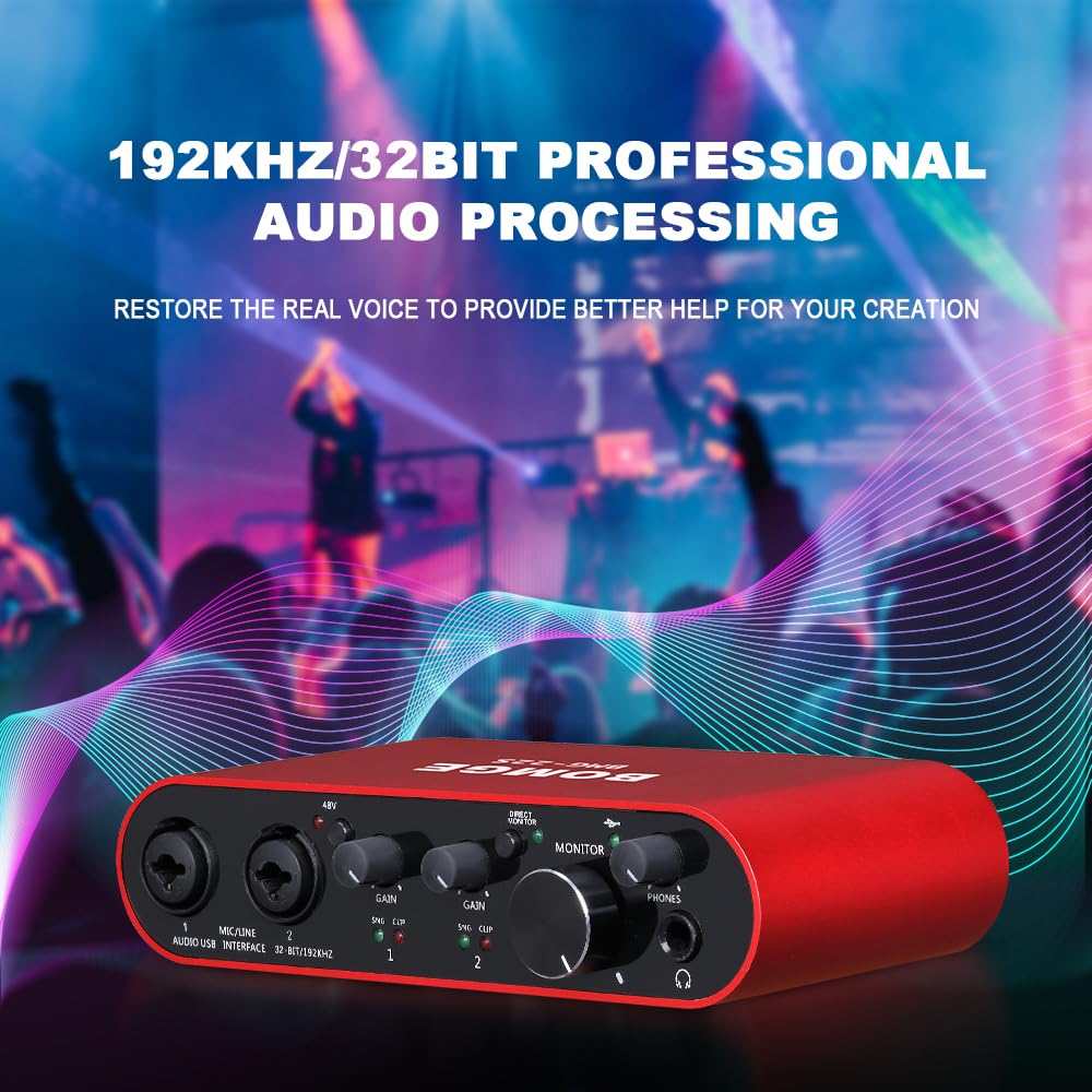 BOMGE Interfaccia audio USB alimentazione phantom XLR/48V, 32bit/192kHz ad alta fedeltà, per interfaccia mixer audio da studio per chitarristi, cantanti, podcaster, produttori, plug and play