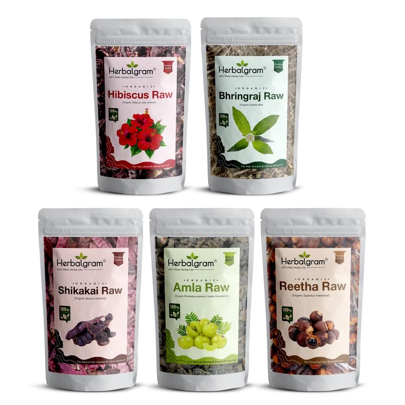 Herbalgram Organic Combo Amla Reetha Shikakai Bhringraj Hibiscus Raw For Hair shine and Improve Cleanses Hair Testure (200gmX5, Pack of 5)-image-24