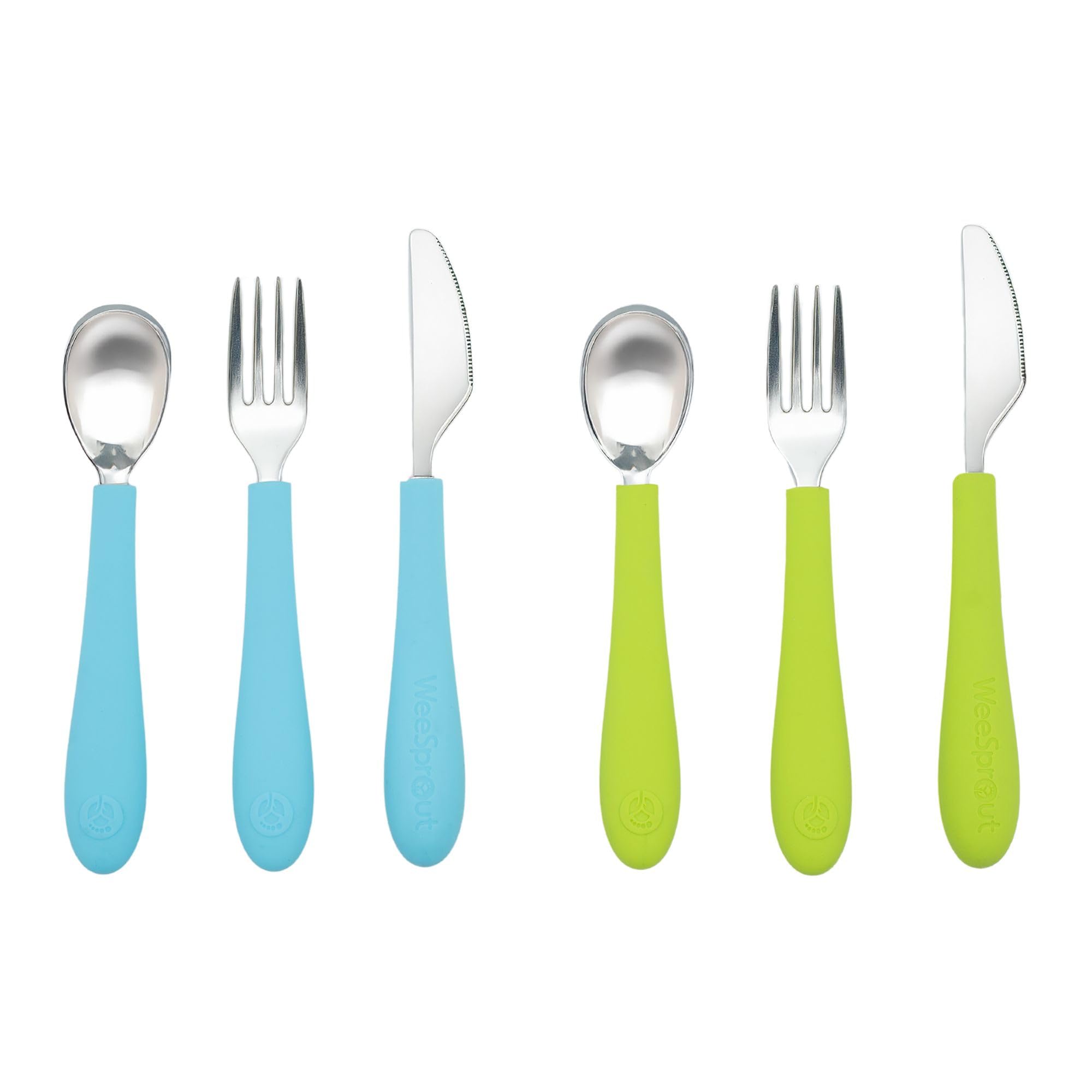 Kids Stainless Steel Utensils Set - Premium 18/8 Grade Silverware Kit - 2 Spoons, 2 Forks, and 2 Knives for Ages 4-7 - Silicone Easy-Grip Handles - Children Flatware Cutlery (Bright - Blue, Green)