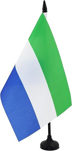 Bandera de mesa Sierra Leona de 5 x 8 pulgadas, bandera de escritorio de Sierra Leona, 8.3 x 5.5 in, barra y base de plástico negro AZ FLAG