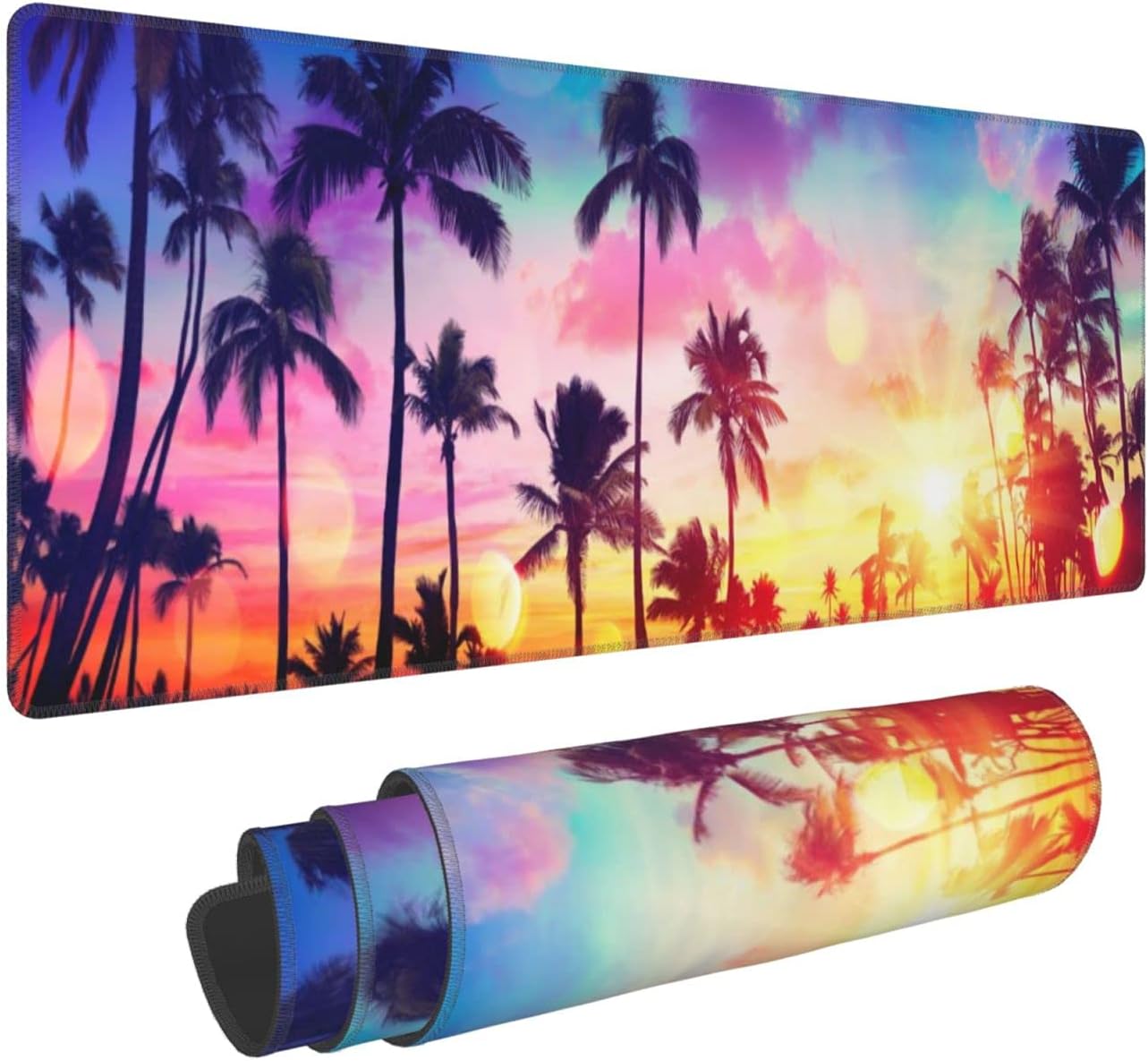 Beach Mouse Pad Sunset Palm Tree XL Mouse Pad Extended Speed Gaming Mouse Pad Tropical Hawaiian Cool Desk Mat with Stitched Edges Natural Rubber Base for Home Office Supplies 31.5 x 11.8 Inch