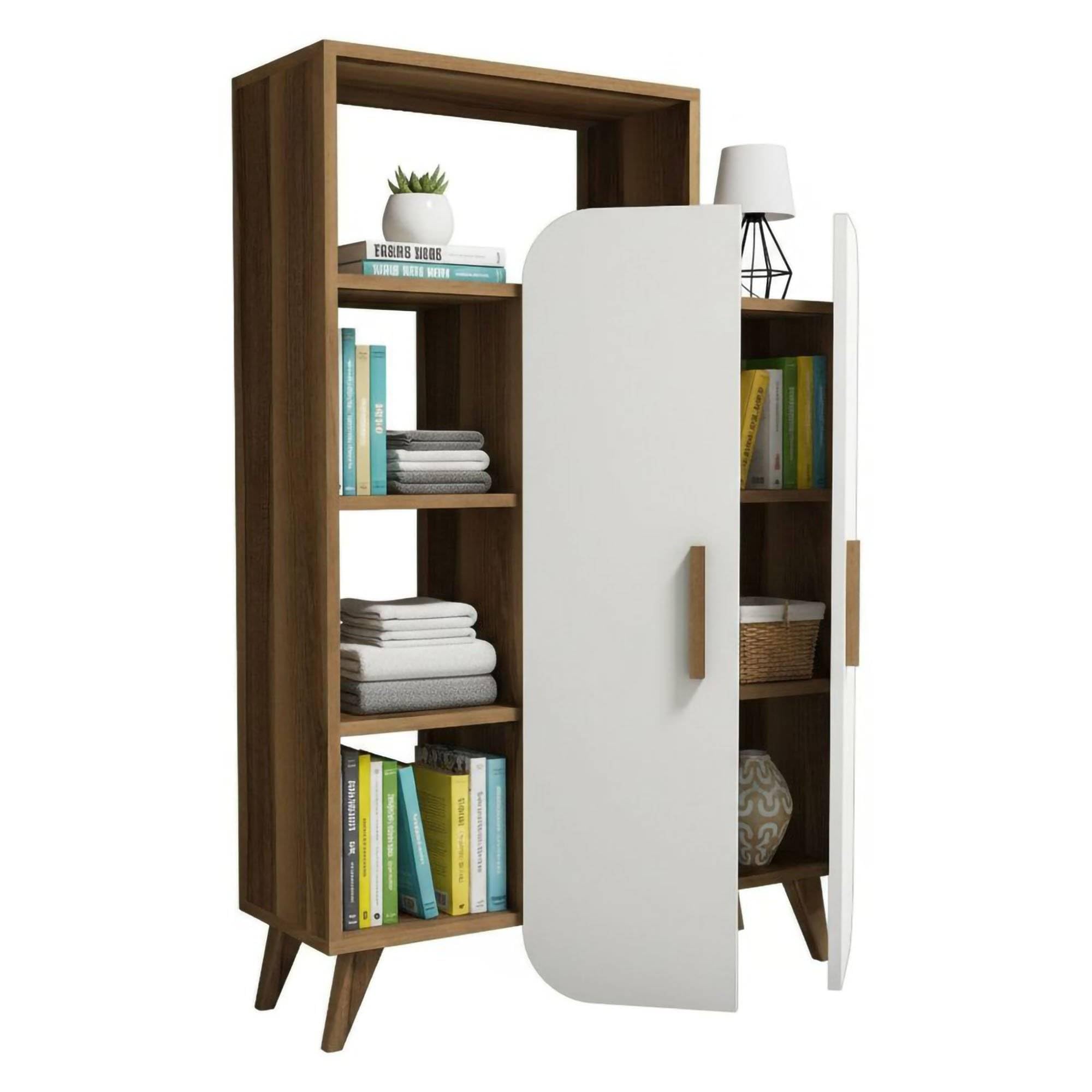 Dmora - Credenza Capella, Buffet da soggiorno, Madia da salotto, Dispensa da cucina, 90x32h132 cm, Noce e Bianco