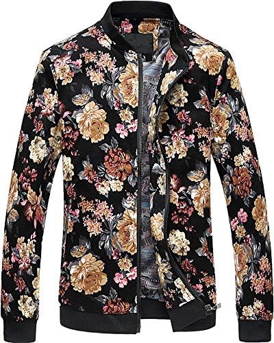 HENGAO Men Vintage Floral Print Slim Fit Zipper Front Bomber Jacket, JK995 Black, 48 = Tag 6XL