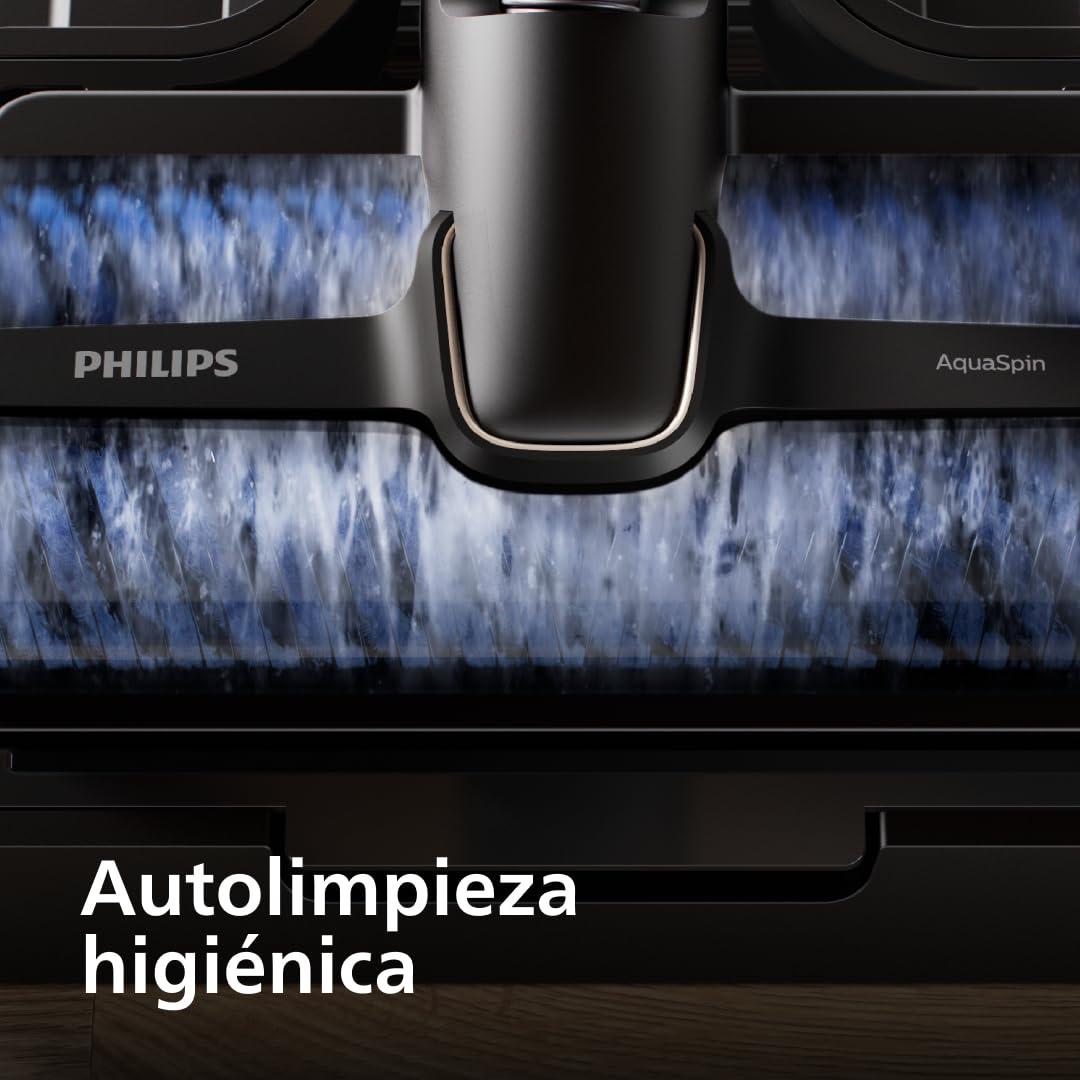PHILIPS AquaTrio 9000 Aspiradora sin Cable Wet & Dry, Todo en Uno | Aspirador de escoba seco y húmedo, 4000 tr/min, manchas y líquidos, cepillos AquaSpin, sistema de autolimpieza (XW9463/11)