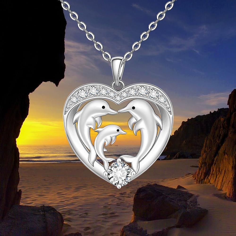 Dolphin Necklace for Women Sterling Silver Heart Pendant Necklace Dolphins Mothers Day Gifts - Image 4