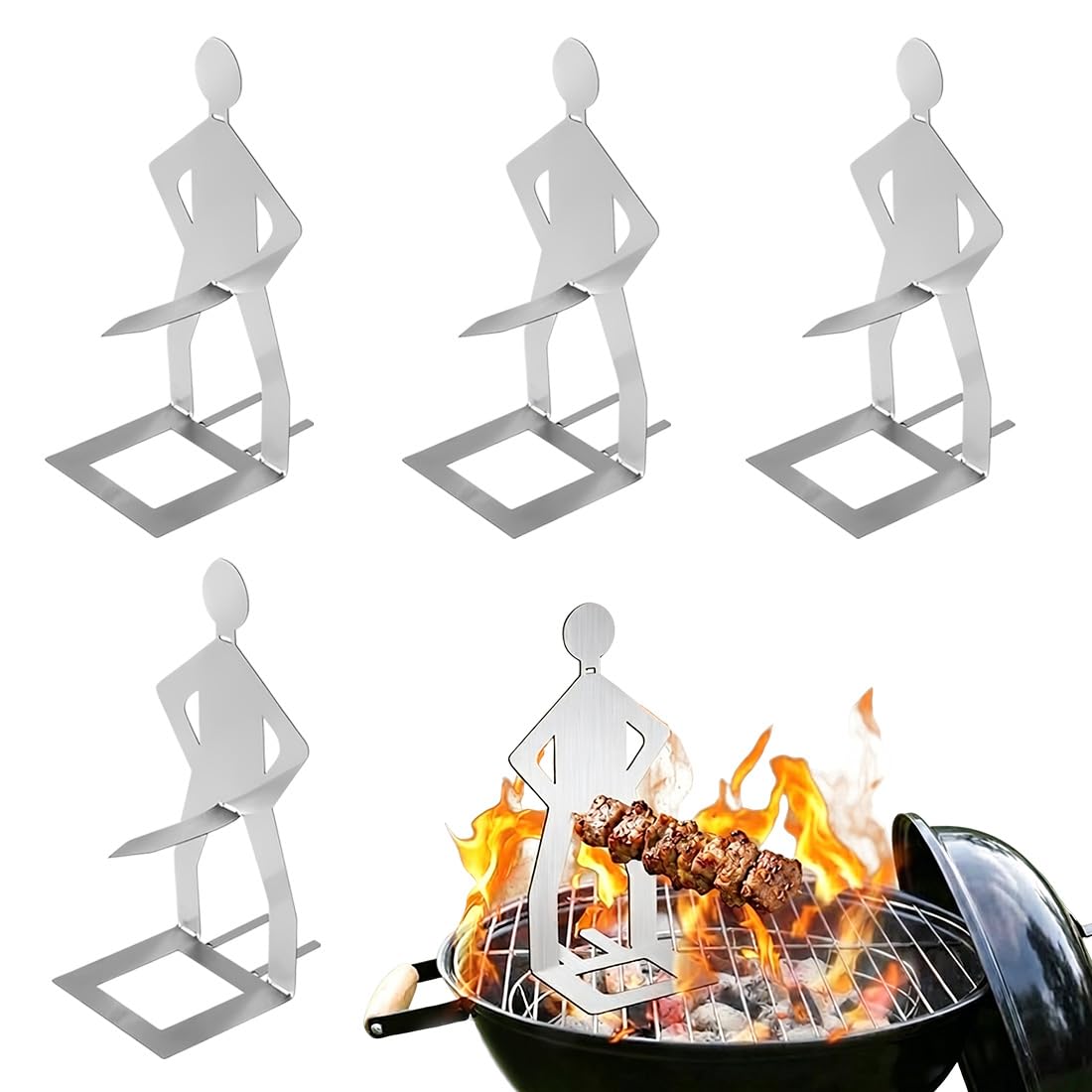 4 Pezzi Supporto per salsicce da barbecue in acciaio inox, design divertente a forma di omino, portatile per campeggio e picnic, argento