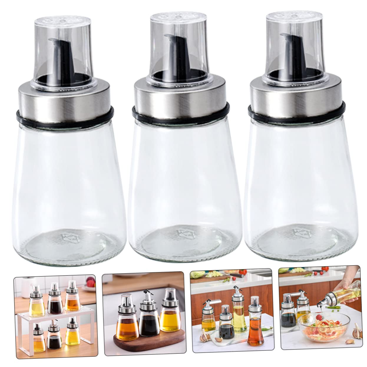 COLLBATH 3 Kleine Glasflaschen für Öl Essig und Sojasoße Einhandbedienung 3 Stück für Küche und Tisch aus Glas mit Edelstahlverschlüssen