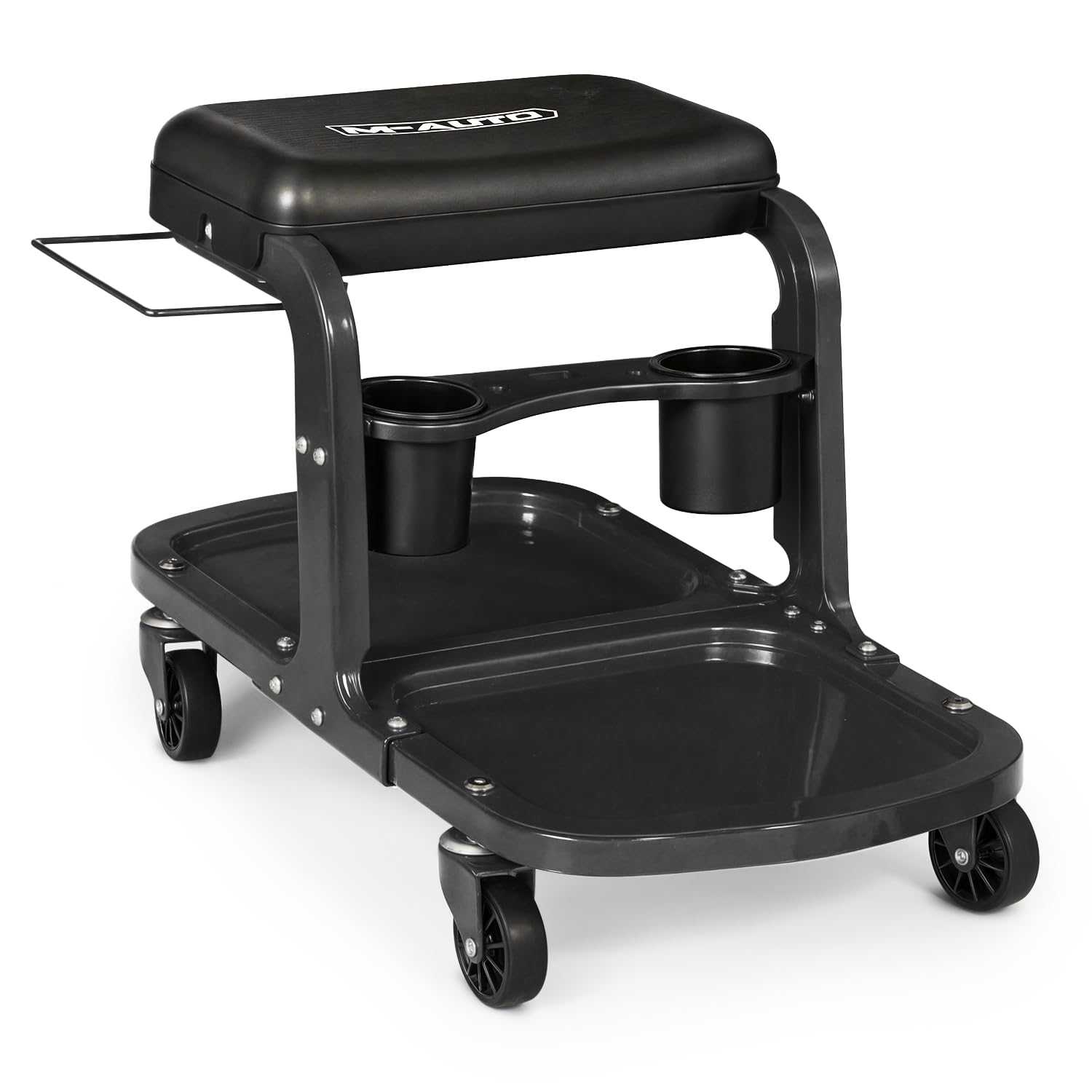 M-AUTO Garage Roller Seat Heavy Duty Rolling Shop Mechanic Creeper/Shop Stool with Tool Tray and Equipment Rack, 300LBS Capacity Creeper Seat with 5 Rollers for Detailing Car, Red