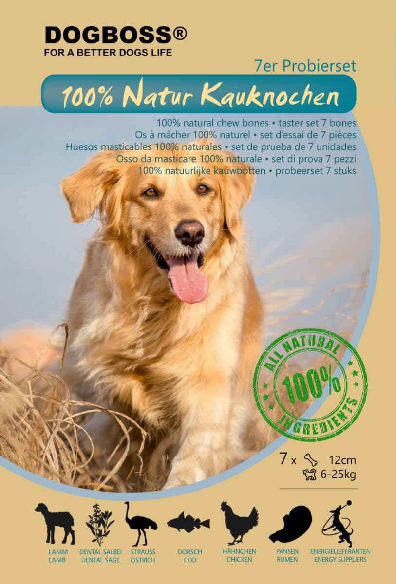 Huesos masticables DOGBOSS Ingredientes 100% Naturales, Diferentes tamaños y sabores (Pack de Prueba con 7 Huesos, 12 cm)