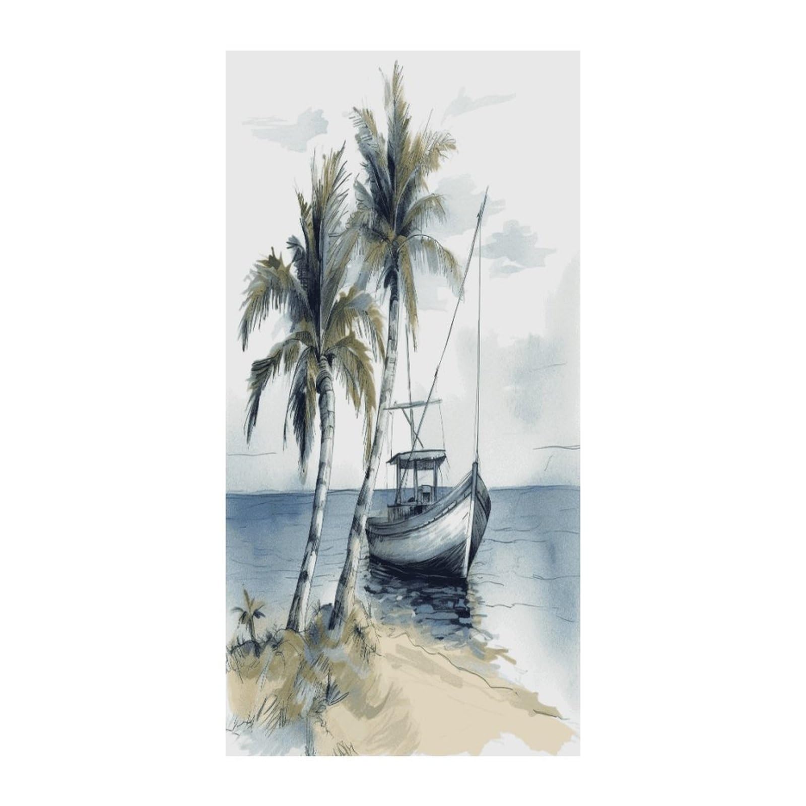 Fekiloot Style Palm Trees Fishing Boat Door Curtain Room Divider Curtains