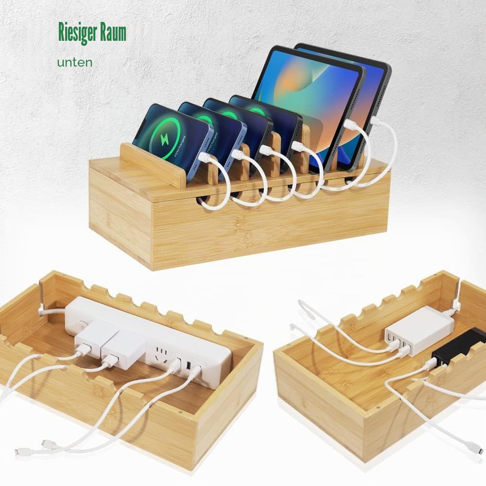 Bambus-Ladestation für mehrere Geräte, Upgrade-Schreibtisch-Dockingstationen, Organizer für Apple-Geräte, Holz-Lade-Handyhalter-Ständer (inkl. 6 Kabel) (ohne Netzteil)