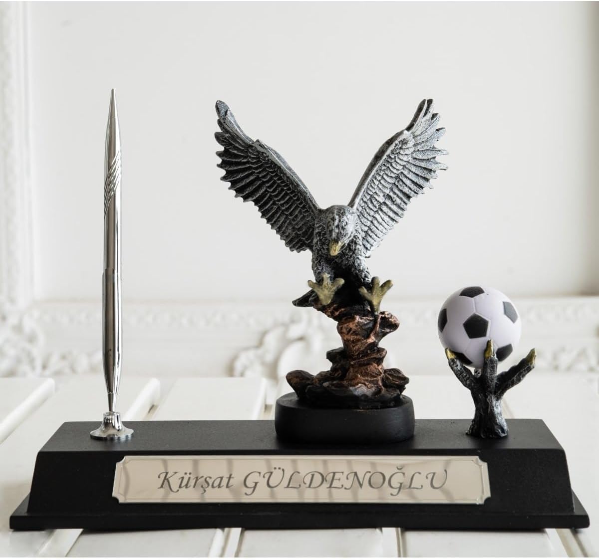 Eagle Decorative Accent Nameplate Desk Organizer | Handcrafted Sculpture with Marble Dust & Iron Powder | Pen Holder & Name Display | Gift Garden Original Design | 10 x 12 inches