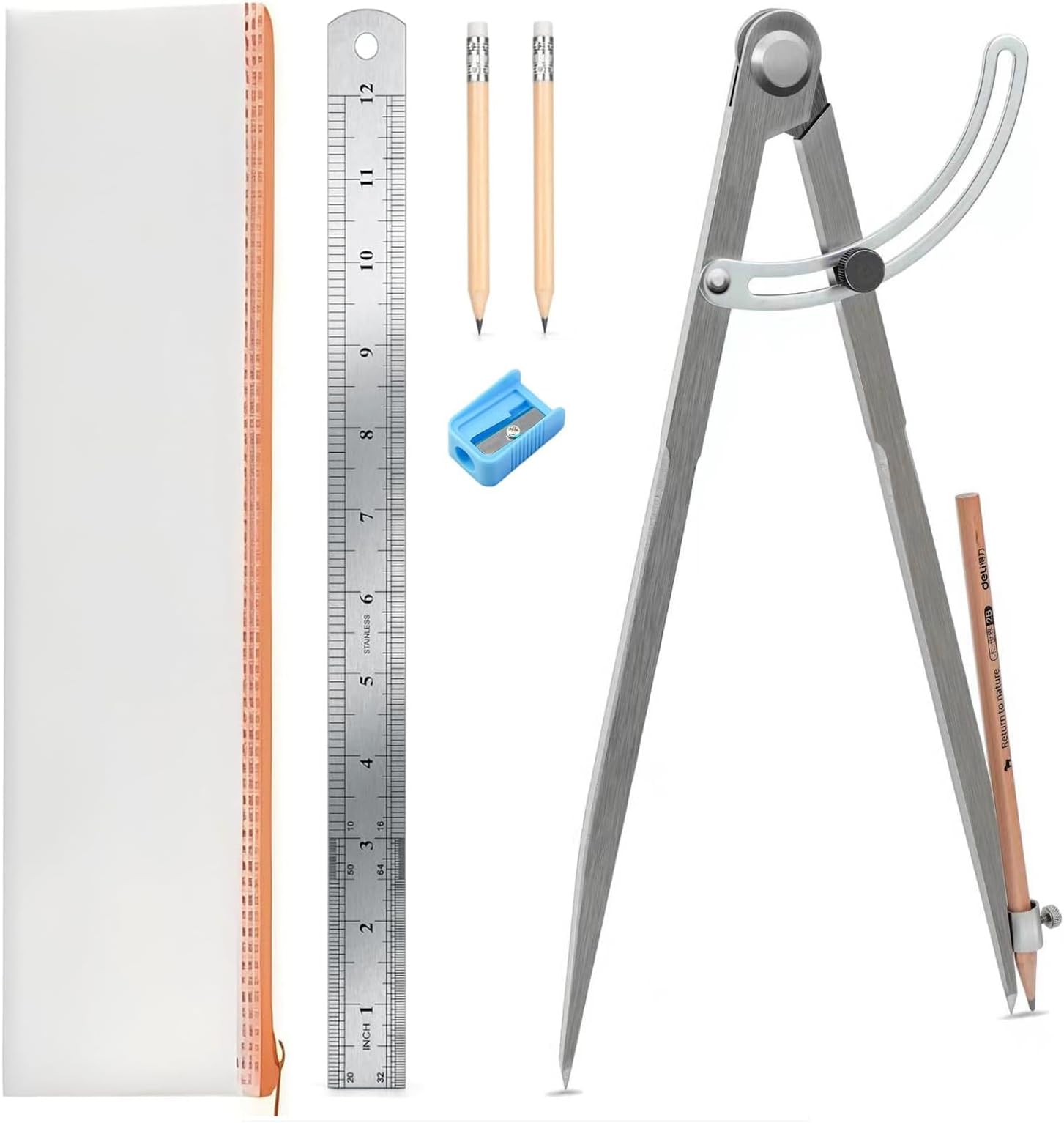 Pencil Compass 12 inch, Precision Woodworking Compass with Wing Divider and Pencil Holder, Metal Compass Ideal for Geometry Drafting and Technical Drawing, Engineering and More