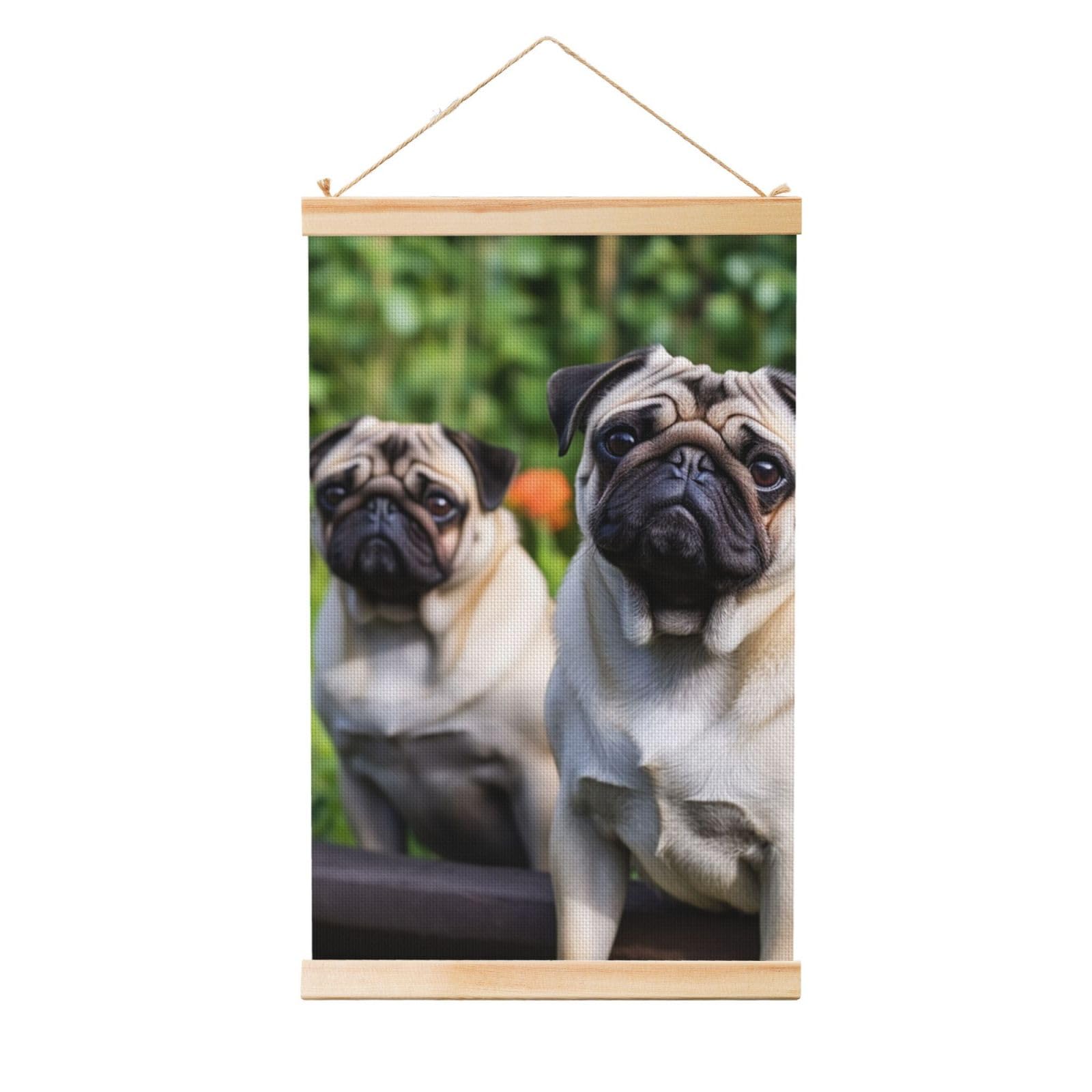 Pugs in the garden Posters Wooden Shaft Hanging Poster Canvas Prints Scroll Wall Art Painting Vintage Wall Banner Modern Artwork Decor for Home Decor Ready to Hang 20"x30"