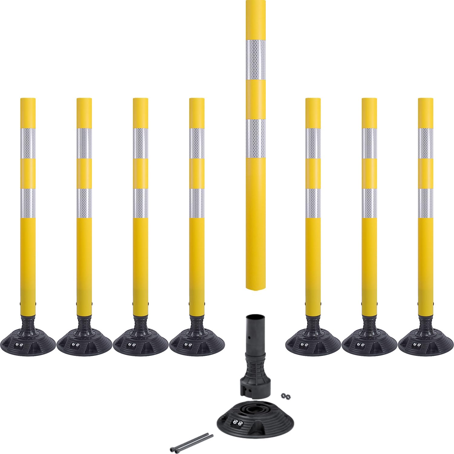 8 Pack Traffic Delineator Post Cones, High Visibility 3M Reflective Tapes, Flexible Spring Post with Detachable Base, for Highway Road Safety, Garage, Parking Lot (Yellow, 36")
