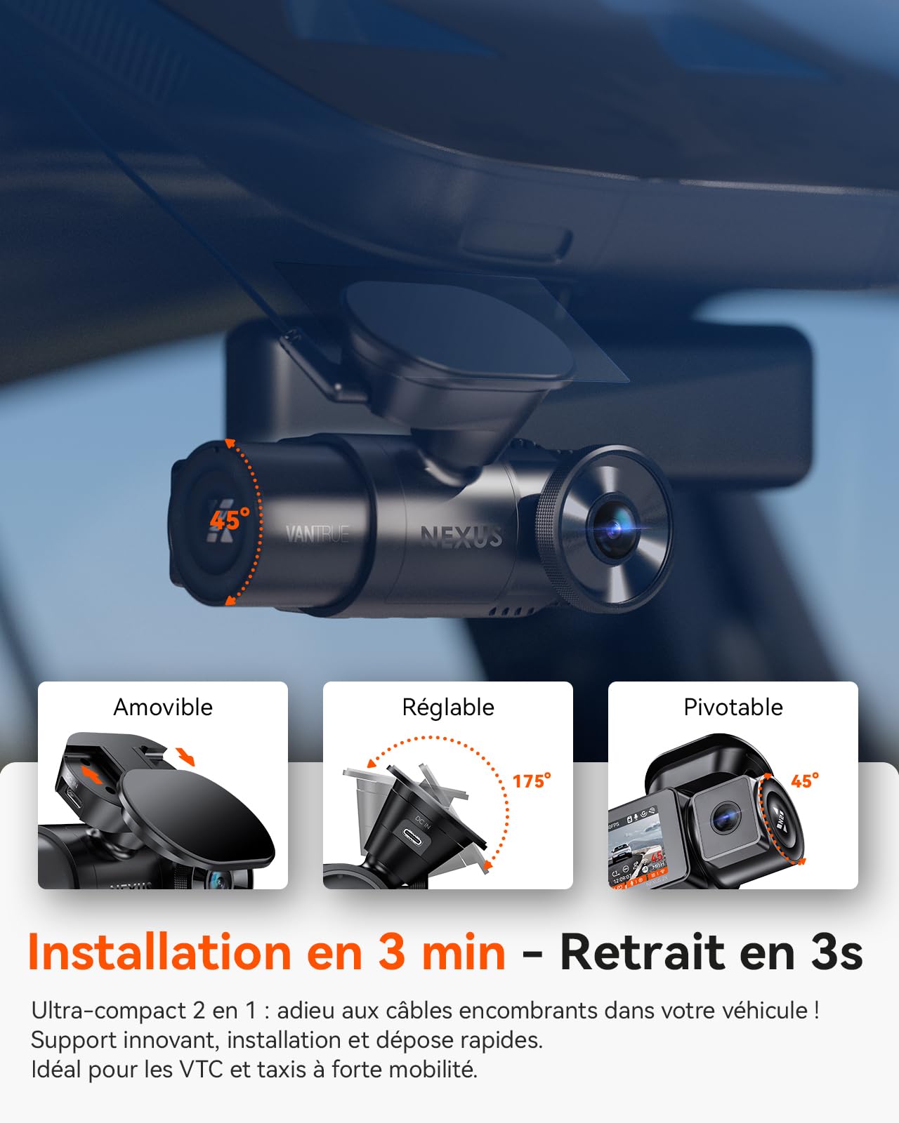 VANTRUE N2X 2.7K+1080P Dashcam Voiture Avant Intérieur, STARVIS 2 Double HDR Camera Embarquée Infrarouge, Support LTE, 5GHz WiFi GPS, APP & Commande Vocale Français, 24/7 Mode Parking, Max 512Go