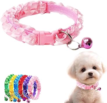 Pink XXS Dog Collar with Bell,Dog Collars for Small Dogs,Neck 7.5-12.5 | Wave Point Lace Cat Collar With Bells, Adjustable Buckle For XXS XS Extra Small Tiny Little Pet Female Dogs Kitten
