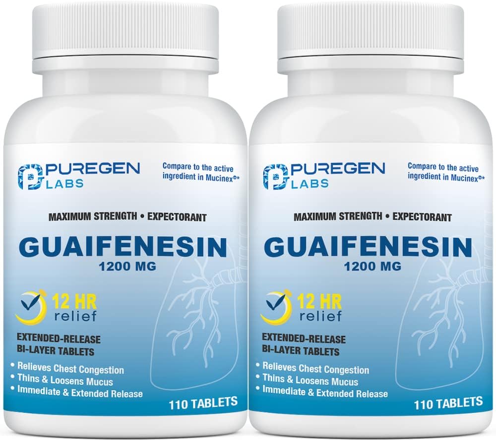 Puregen Labs Mucus Relief 12 Hour Extended Release Guaifenesin 1200mg Maximum Strength | Total 220 Tablets | Relief from Cough, Cold, Nasal & Chest Congestion | Expectorant | Extended Release Tablets