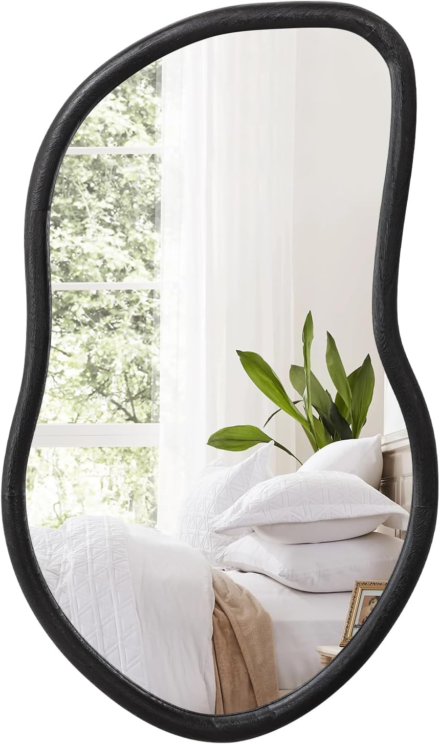 Wood Frame Mirror for Wall Black Irregular Asymmetrical Wall Mounted Mirror Bathroom Vanity Mirror Farmhouse Decorative Mirrors for Living Room Bedroom Entryway